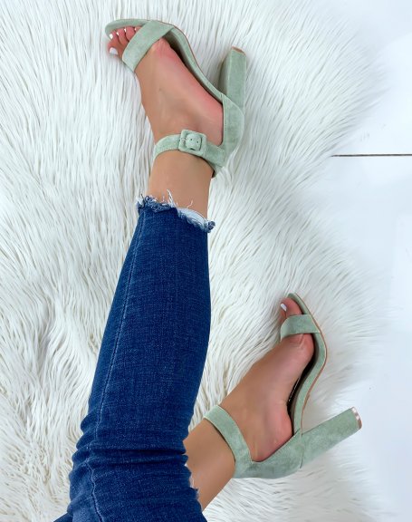 Green suedette heeled sandals with square buckle