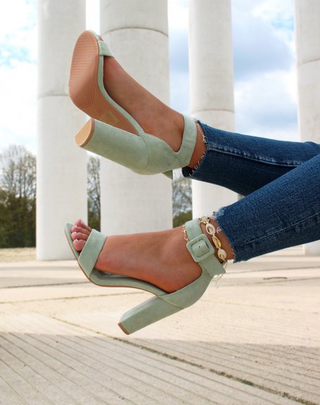 Green suedette heeled sandals with square buckle