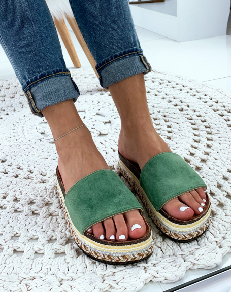 Green suedette mules with fancy platforms
