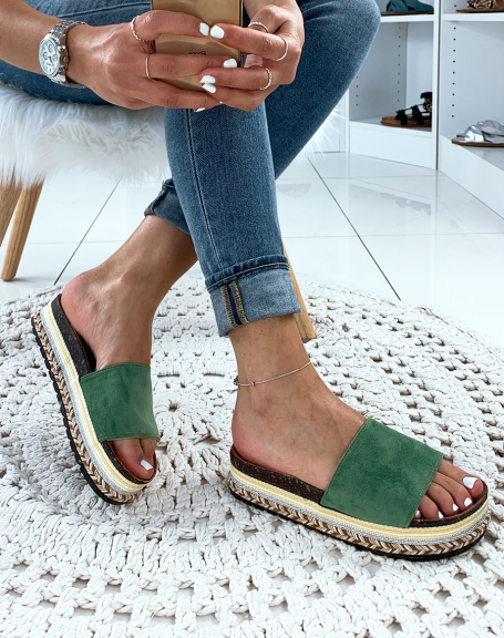 Green suedette mules with fancy platforms
