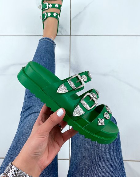 Green triple strap mules with silver jewels
