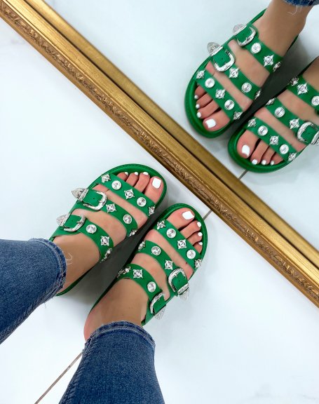 Green triple strap mules with silver jewels