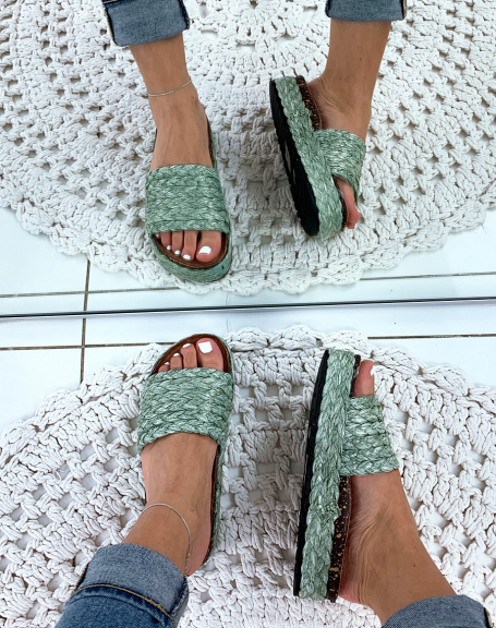 Green woven wicker slingback and platform mules