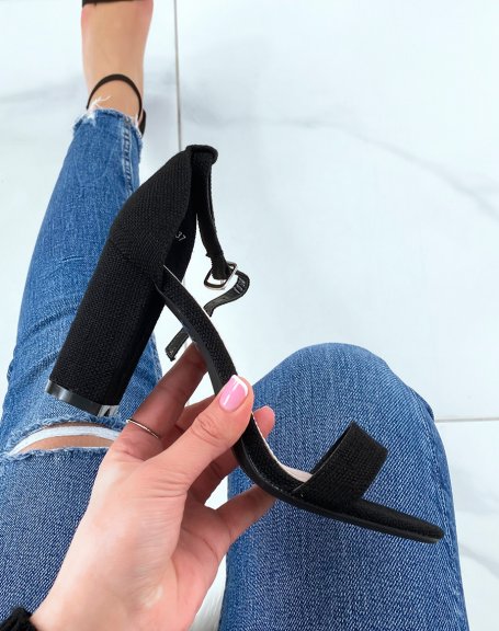 Heeled sandals in black fabric with thin strap