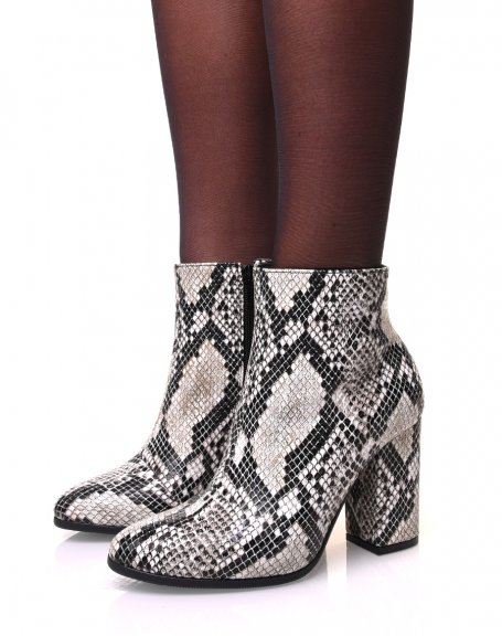 Heeled snakeskin effect ankle boots