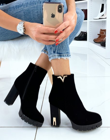 Heeled suedette ankle boots with gold details