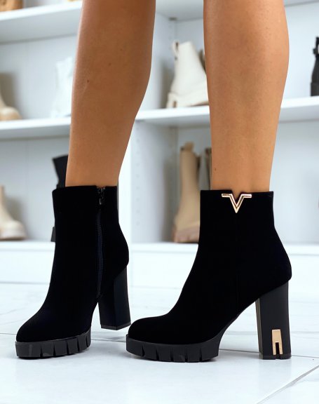 Heeled suedette ankle boots with gold details