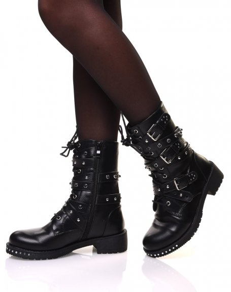 High ankle boots with laces and straps with stud details