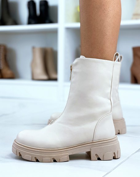 High beige ankle boots with golden closure
