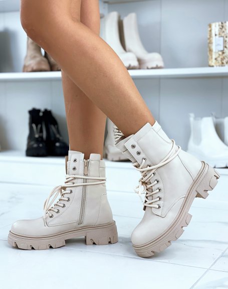 High beige ankle boots with laces and heeled sole