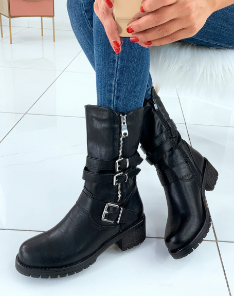 High black ankle boots with straps