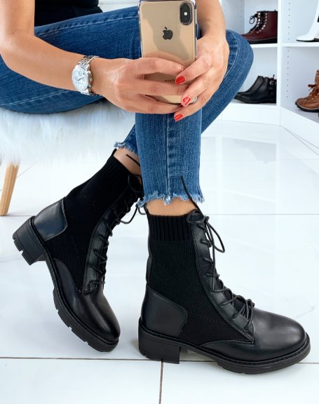 High black bi-material ankle boots