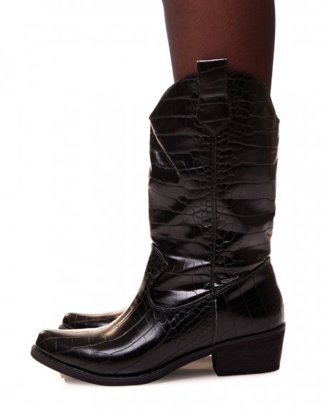 High black croc-effect cowboy boots