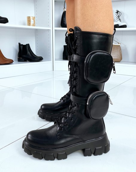 High black lace up pocket boots