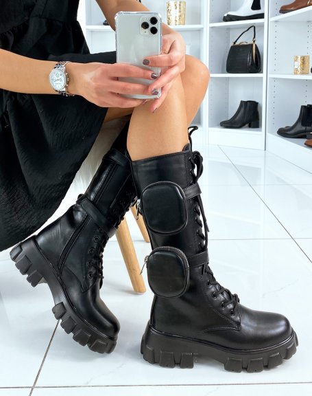 High black lace up pocket boots