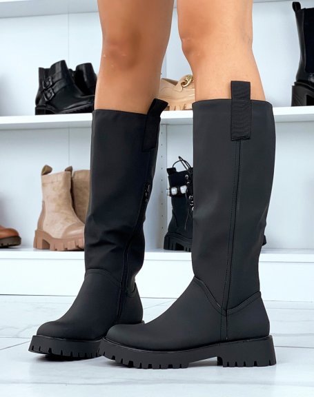 High black rubber boots with fabric insert