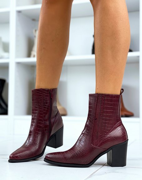 High burgundy point-toe cowboy boots with decorative stitching