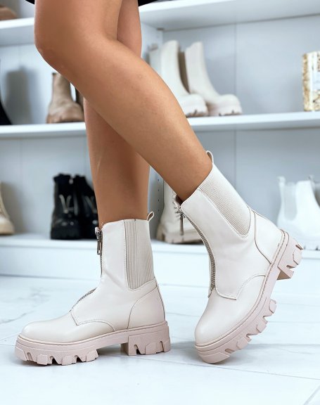 High-rise beige ankle boots with zip