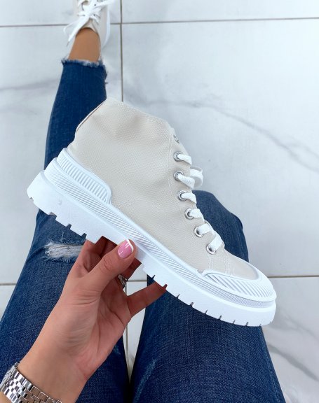 High-top beige fabric sneakers with laces