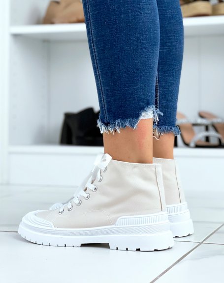 High-top beige fabric sneakers with laces