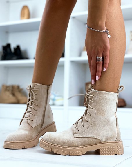 High-top beige suede lace-up ankle boots