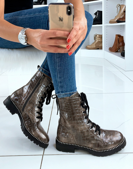 High-top bronze croco ankle boots with studs