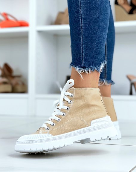 High-top dark brown fabric lace-up sneakers