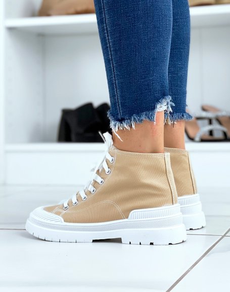 High-top dark brown fabric lace-up sneakers