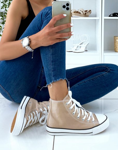 High-top sneakers in beige fabric with laces