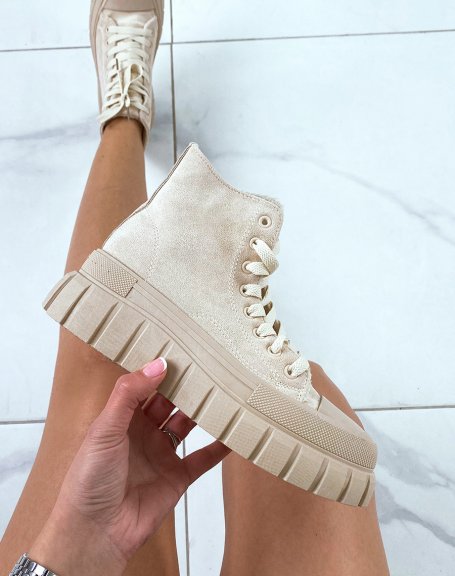 High-top sneakers in beige suede with chunky sole