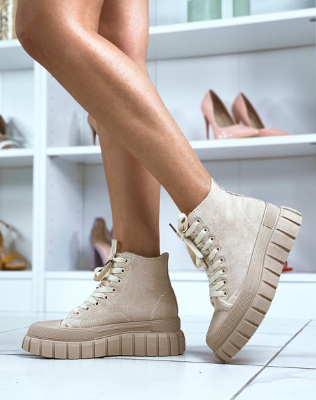High-top sneakers in beige suede with chunky sole