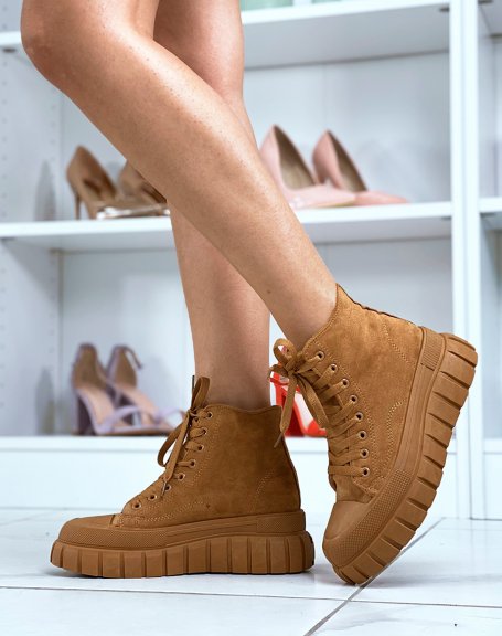 High-top sneakers in camel suede with chunky sole