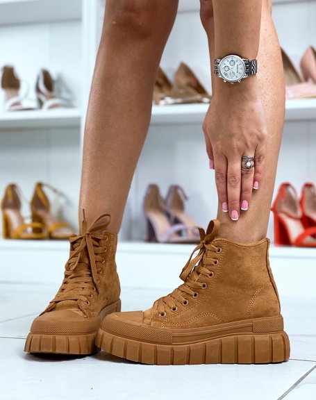 High-top sneakers in camel suede with chunky sole