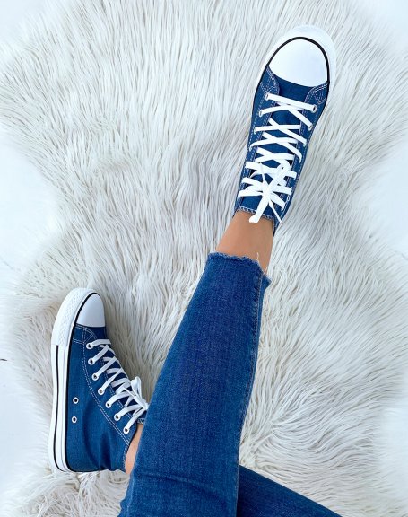 High-top sneakers in denim-effect fabric with laces