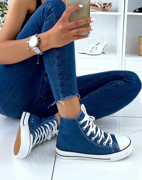 High-top sneakers in denim-effect fabric with laces