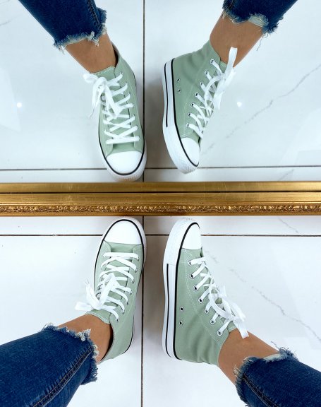 High-top sneakers in pastel green lace-up canvas