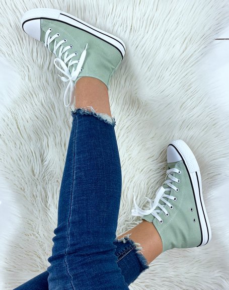 High-top sneakers in pastel green lace-up canvas