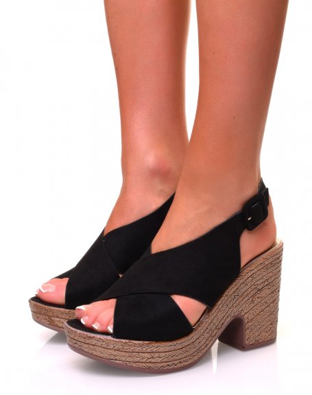 Hoof-effect wedge sandals in black suede