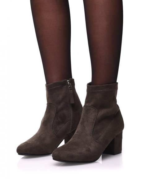 Khaki ankle boots entirely in suede thick mid-high heels