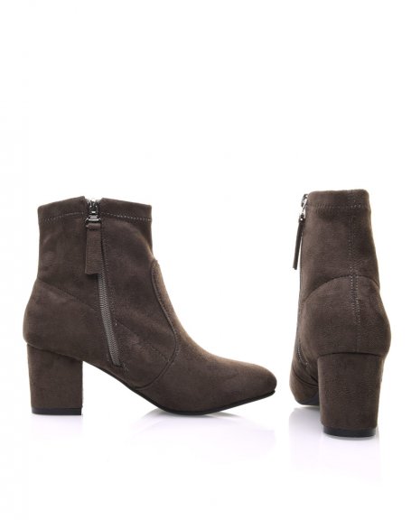 Khaki ankle boots entirely in suede thick mid-high heels