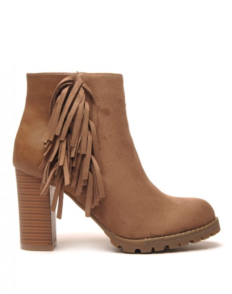 Khaki ankle boots with bi-material heels with side fringes