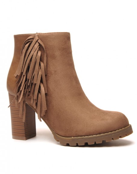Khaki ankle boots with bi-material heels with side fringes