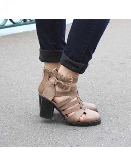 Khaki ankle boots with heel and straps