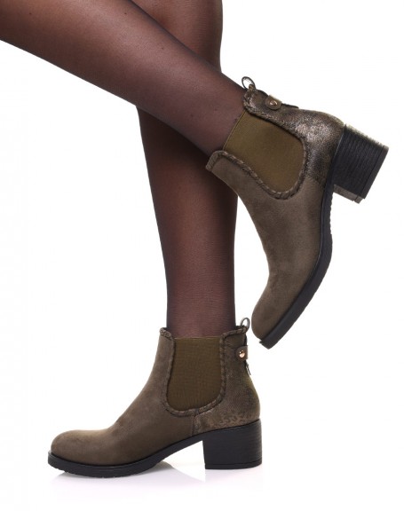 Khaki ankle boots with shiny scale print
