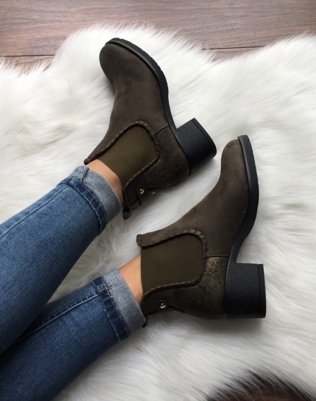 Khaki ankle boots with shiny scale print
