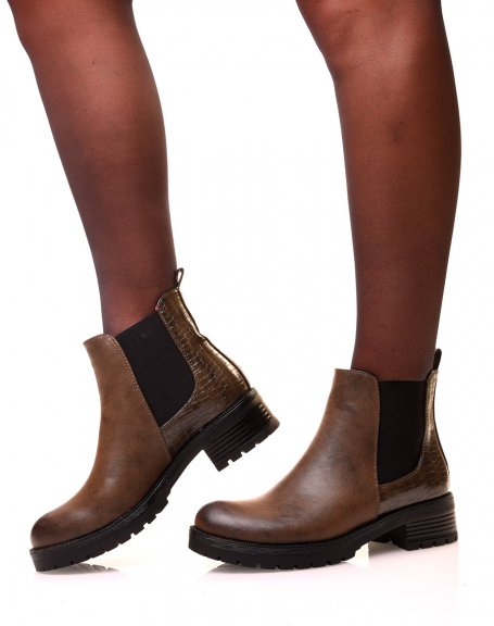 Khaki Chelsea boots with bi-material elastic