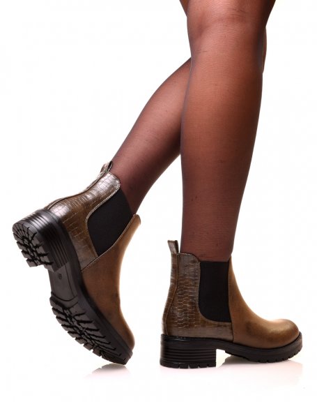 Khaki Chelsea boots with bi-material elastic