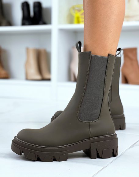 Khaki Chelsea boots with heel and lug sole