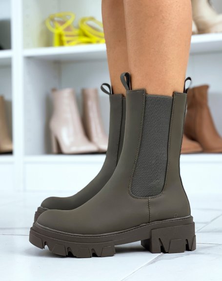 Khaki Chelsea boots with heel and lug sole