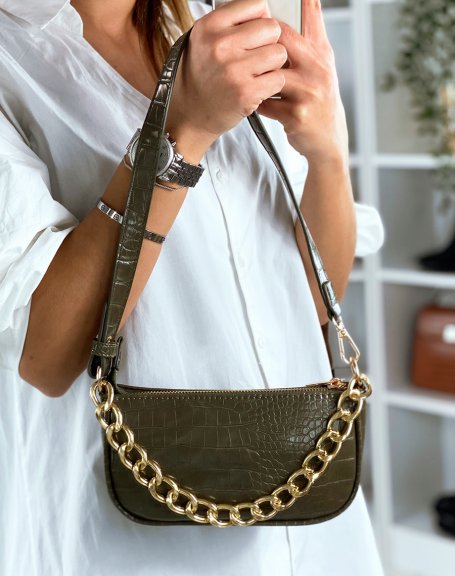 Khaki croc-effect handbag with golden chain